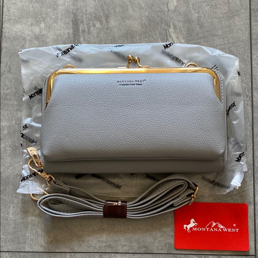 Montana West Gray Clutch/Crossbody with Gold Accents